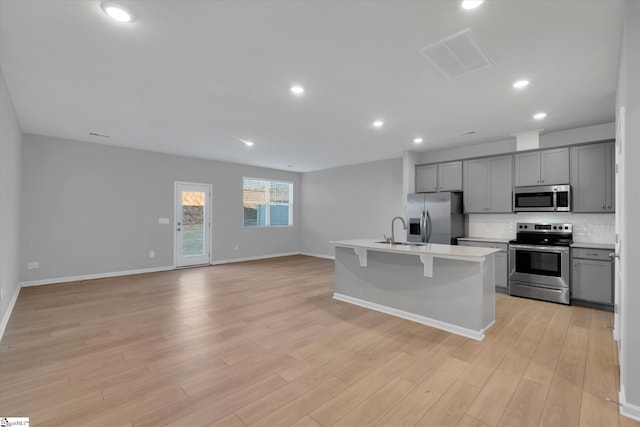 kitchen with sink, appliances with stainless steel finishes, gray cabinets, an island with sink, and backsplash