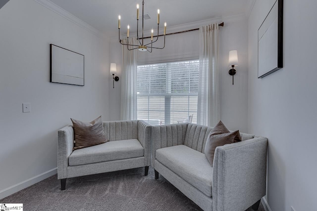 carpeted living room with crown molding and a chandelier