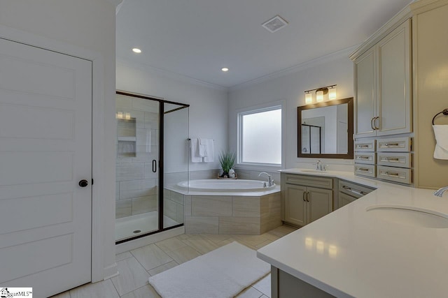 bathroom featuring crown molding, vanity, and plus walk in shower