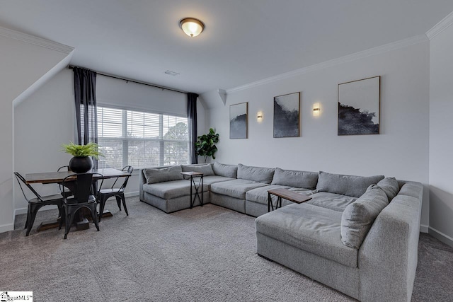 carpeted living room featuring ornamental molding