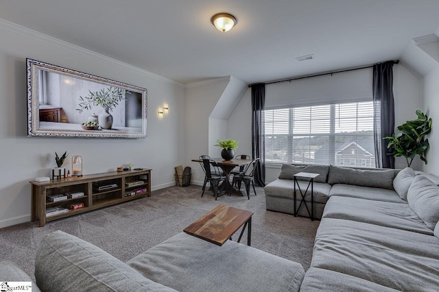 living room with crown molding and carpet flooring