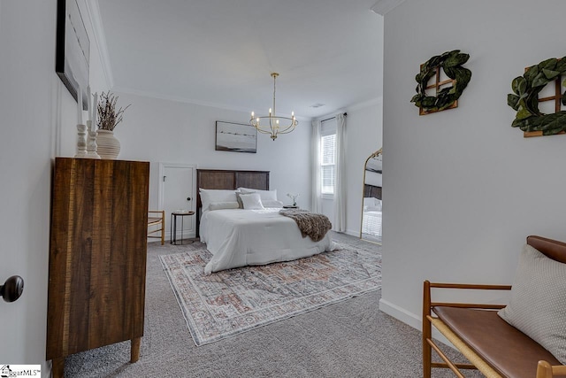 bedroom featuring light colored carpet, ornamental molding, and a chandelier