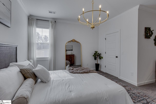 bedroom with dark colored carpet, crown molding, and a notable chandelier