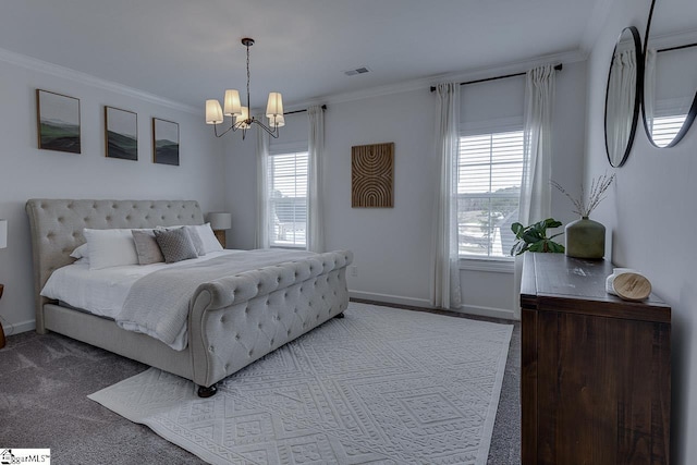 carpeted bedroom featuring an inviting chandelier and crown molding