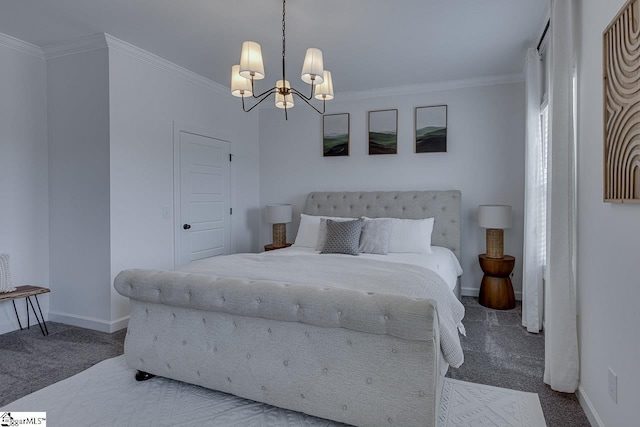 carpeted bedroom with an inviting chandelier and ornamental molding