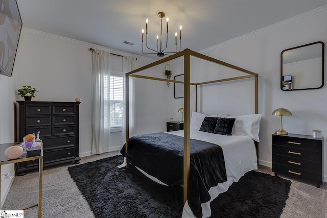 carpeted bedroom featuring ornamental molding and an inviting chandelier