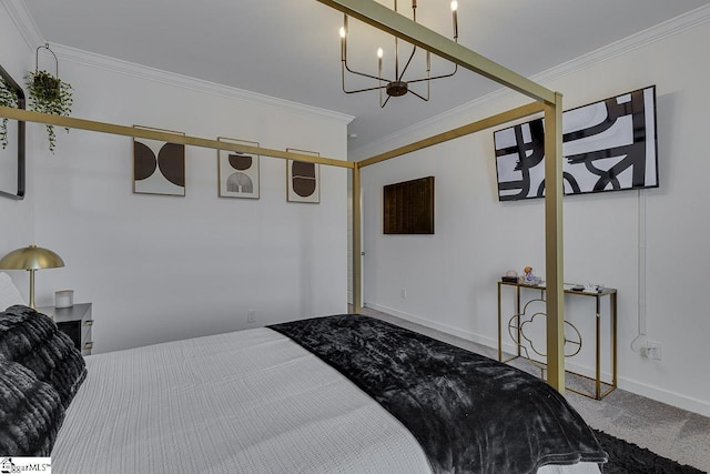 carpeted bedroom with ornamental molding and a notable chandelier