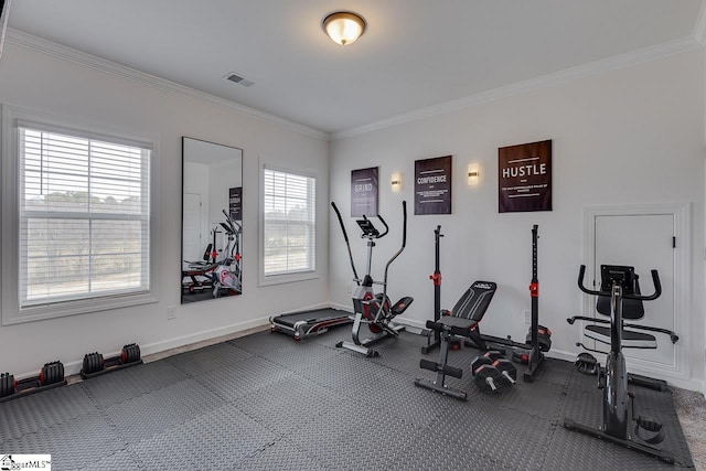 exercise area featuring crown molding and plenty of natural light