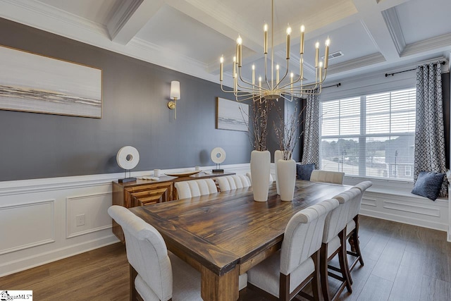 dining room with coffered ceiling, ornamental molding, dark wood-type flooring, and beam ceiling