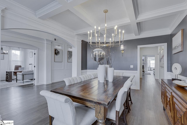 dining space with coffered ceiling, a notable chandelier, beam ceiling, and dark hardwood / wood-style floors