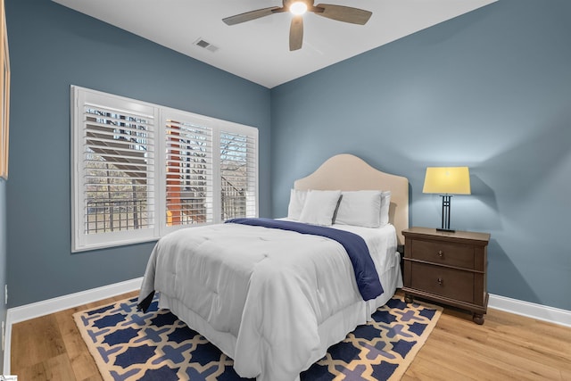 bedroom featuring ceiling fan and light hardwood / wood-style floors