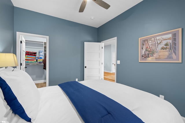 bedroom with ceiling fan, wood-type flooring, a spacious closet, and a closet