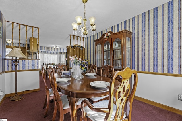 carpeted dining space featuring a textured ceiling and a notable chandelier