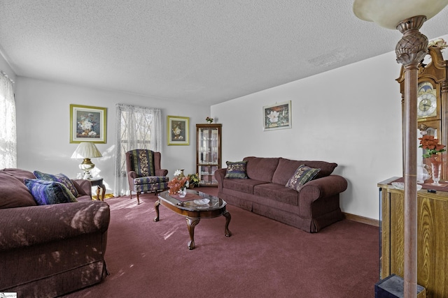 carpeted living room featuring a textured ceiling