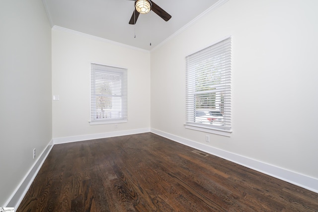 unfurnished room with ceiling fan, ornamental molding, dark hardwood / wood-style flooring, and a wealth of natural light