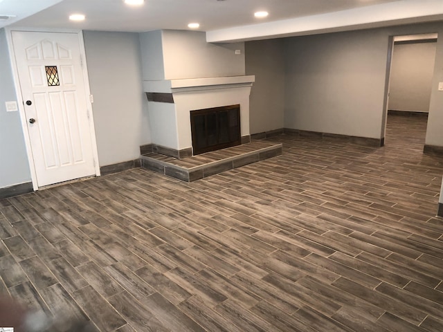 basement featuring a fireplace