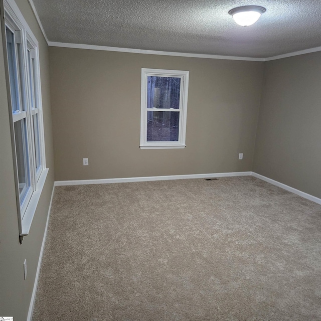 carpeted empty room with crown molding and a textured ceiling