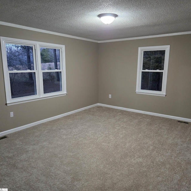 unfurnished room with crown molding, carpet, and a textured ceiling