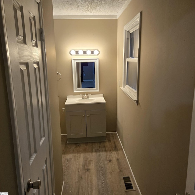 bathroom with hardwood / wood-style flooring, vanity, and a textured ceiling