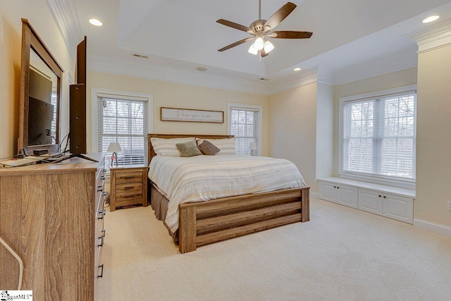 carpeted bedroom featuring crown molding, a raised ceiling, and ceiling fan