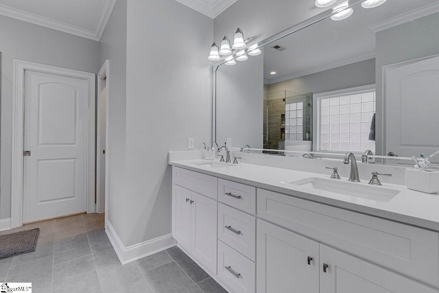 bathroom featuring tile patterned flooring, ornamental molding, vanity, and walk in shower