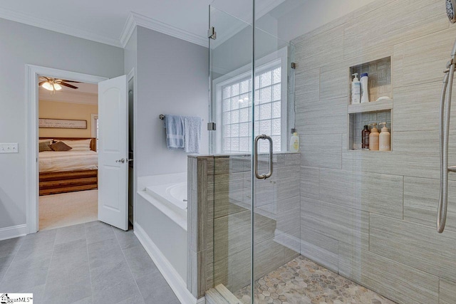 bathroom with crown molding, separate shower and tub, and tile patterned flooring