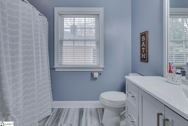 bathroom featuring hardwood / wood-style flooring, vanity, and toilet