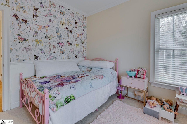 carpeted bedroom featuring crown molding