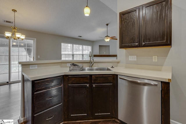 kitchen with pendant lighting, sink, stainless steel dishwasher, kitchen peninsula, and dark brown cabinets