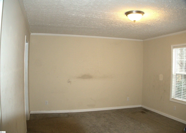 carpeted empty room with crown molding and a textured ceiling