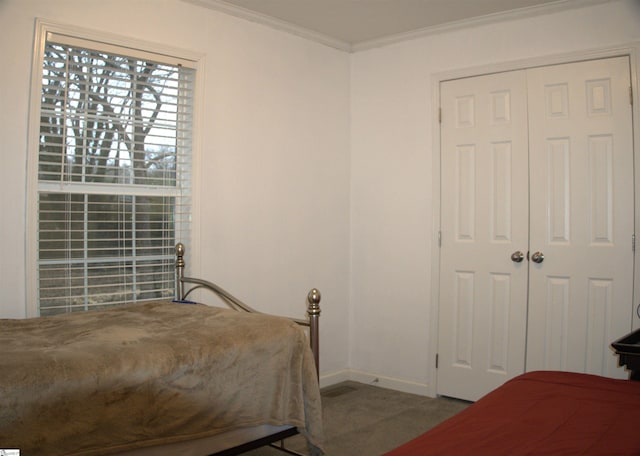 bedroom with ornamental molding and a closet