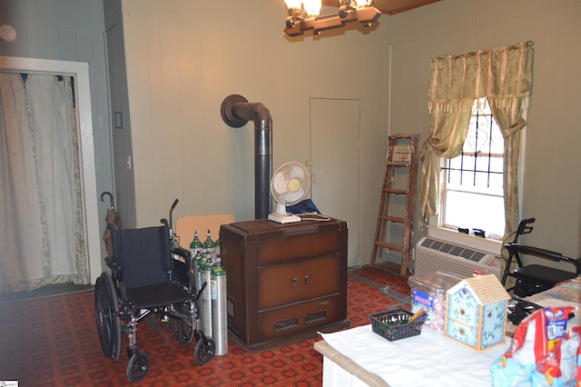 office area featuring a notable chandelier