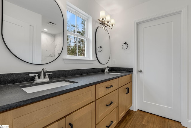 bathroom with vanity and hardwood / wood-style floors