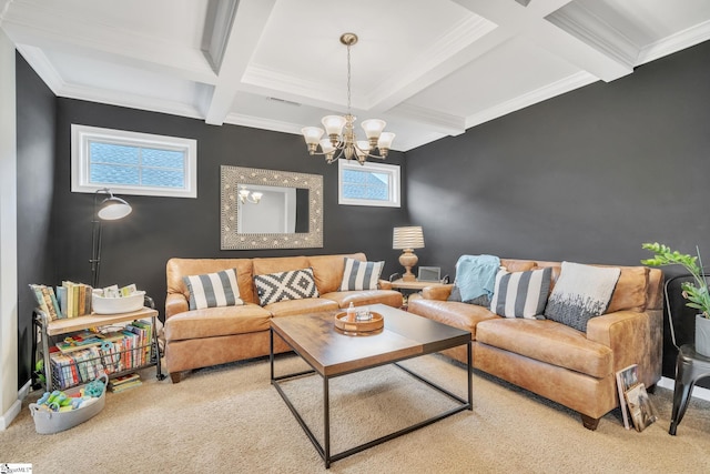 carpeted living room with beamed ceiling, ornamental molding, coffered ceiling, and a chandelier