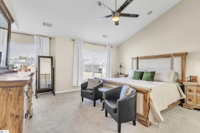 carpeted bedroom with lofted ceiling and ceiling fan