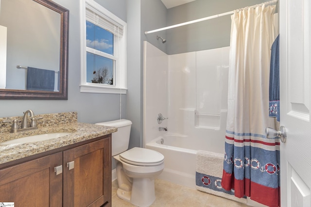 full bathroom featuring shower / bathtub combination with curtain, vanity, tile patterned flooring, and toilet