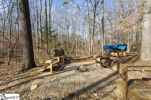 view of yard with a patio and a fire pit