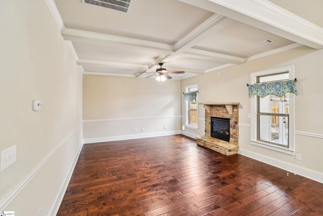 unfurnished living room featuring coffered ceiling, a fireplace, dark wood-type flooring, and ceiling fan