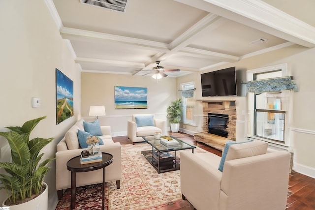 living room with crown molding, ceiling fan, hardwood / wood-style floors, beam ceiling, and coffered ceiling