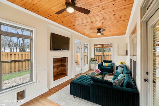 sunroom / solarium featuring wooden ceiling and ceiling fan