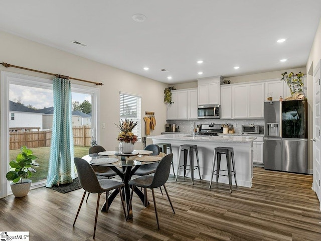 kitchen with a breakfast bar area, stainless steel appliances, white cabinets, and a center island with sink