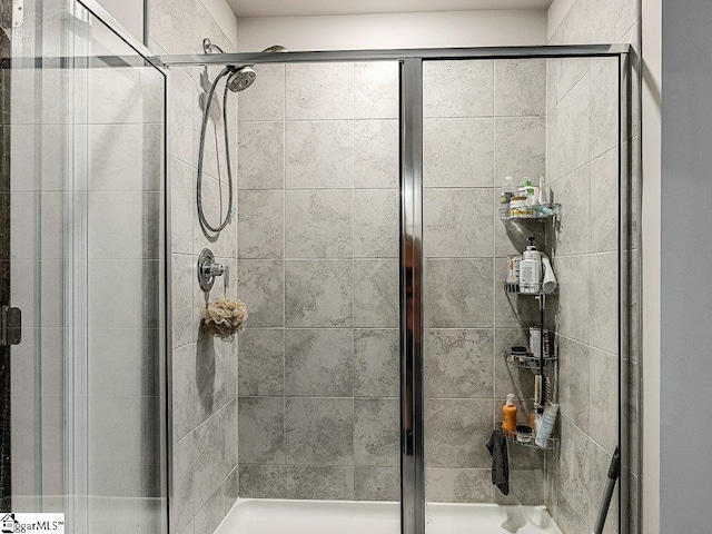 bathroom featuring a shower with shower door