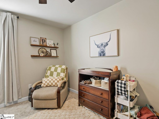 living area featuring light colored carpet