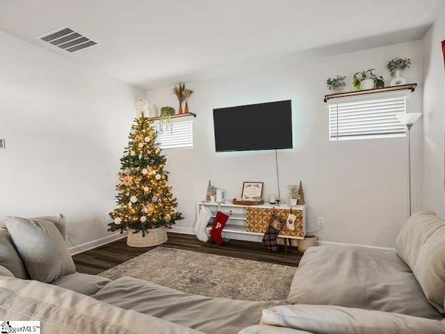 living room featuring hardwood / wood-style flooring and a healthy amount of sunlight