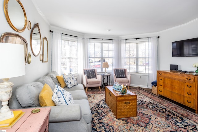 living room with ornamental molding