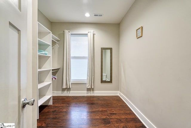 spacious closet with dark wood-type flooring