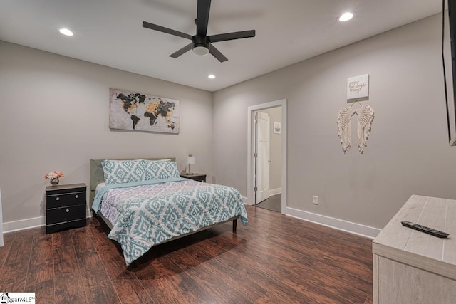 bedroom with dark wood-type flooring and ceiling fan