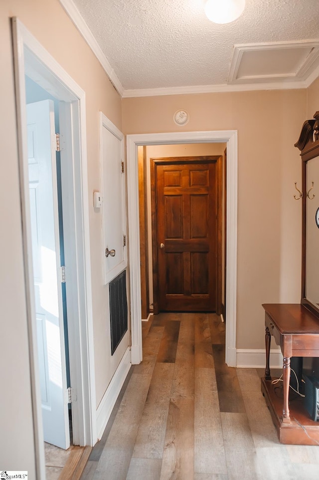 hall featuring crown molding, hardwood / wood-style floors, and a textured ceiling