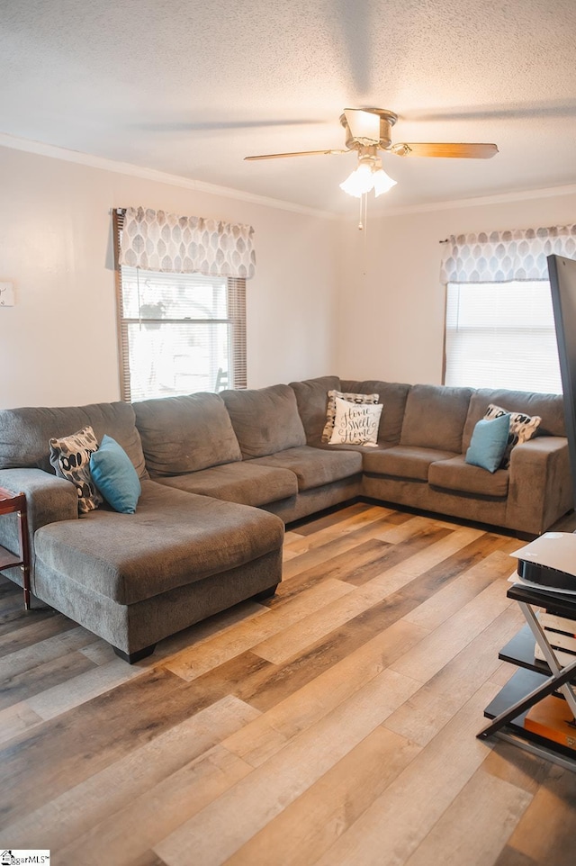 living room featuring crown molding, ceiling fan, hardwood / wood-style flooring, and a textured ceiling