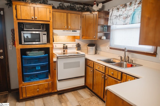 kitchen featuring sink, electric range, and light hardwood / wood-style floors